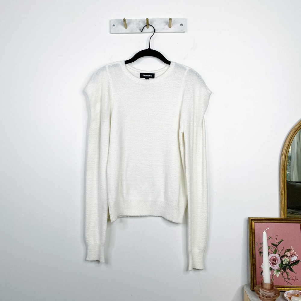 EXPRESS ivory white crewneck long sleeve puff shoulder sweater XS
